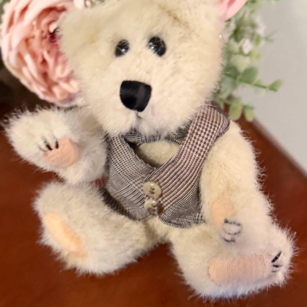 Plush Beige Teddy Bear with Tweed Vest - Picture 2 of 7